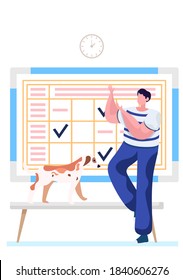 Guy with a dog having fun in line to the veterinarian doctor. Schedule with notes in the background. Positive man training a puppy. Male character with cat is waiting in the hallway. Happy pet owner