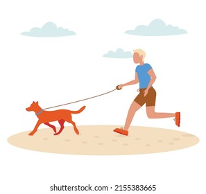 A guy with a dog on a leash runs along the beach.