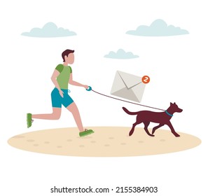 Un tipo con un perro con correa recorre la playa y está claro que tiene mensajes sin leer.
