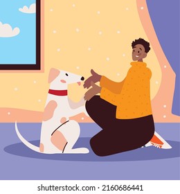 guy with dog pet in the room