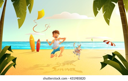 the guy with the dog running along the beach