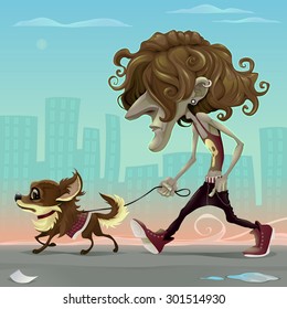 Guy with dog walking on the street. Vector cartoon illustration