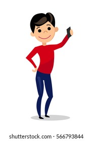 Guy doing selfie. The boy is photographed. Man with phone isolated on white background. Flat style. Vector illustration.