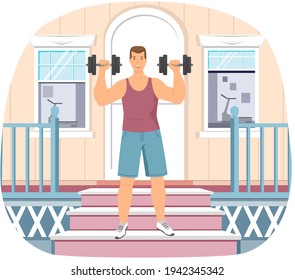 Guy doing sports and lead healthy life outdoors. Athlete lifts dumbbells in doorstep of his house