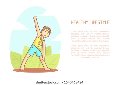 Guy Doing Yoga in City Park Banner Template with Space for Text, Morning Physical Workout, Young Man Character Practicing Yoga Vector Illustration