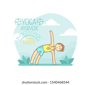 Guy Doing Yoga in City Park Banner Template, Morning Physical Workout, Young Man Character Practicing Chandrasana Pose Vector Illustration