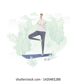 Guy doing yoga in an outdoor park. Cartoon Flat Vector Illustration