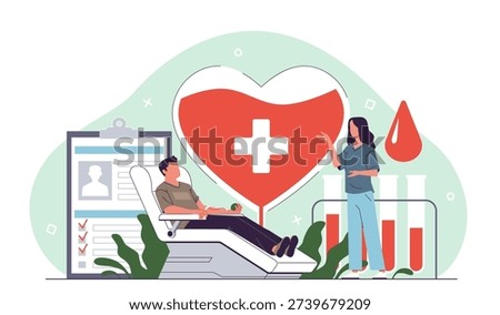 Guy donates blood. Man at transfusion station, medical charity, volunteer helps patients and victims, donor in chair, healthcare laboratory service cartoon flat style isolated nowaday vector concept