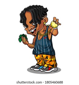Guy with dreadlock wearing hypebeast fashion and show off his gold chain necklace and money, rapper style fashion Cartoon Vector