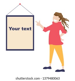 The guy with the dreadlocks points to a hanging poster with an inscription. Hand-drawn vector. Can be used for advertising, presentations.