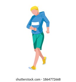 Guy dressed in hoddie and shorts jogging. Male person character taking part in competition, training to marathon, doing morning workout. Active healthy lifestyle concept flat vector illustration