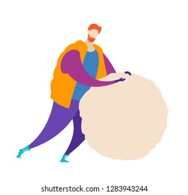 A guy dressed in outerwear makes a big snowball for a snowman. Winter outdoor activity. Flat vector outdoor illustration isolated on white background.