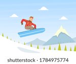 Guy Dressed in Warm Clothing Jumping with Snowboard, Winter Sports Outdoor Activity Vector Illustration