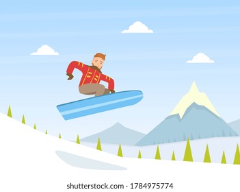 Hombre vestido con ropa cálida saltando con snowboard, deportes de invierno Actividad al aire libre Ilustración vectorial