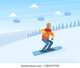 Guy Dressed in Warm Clothing Snowboarding, Winter Sports Outdoor Activity Vector Illustration