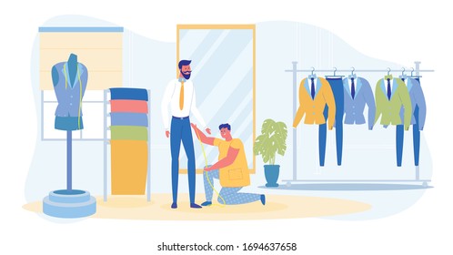 Guy and Dressmaker Taking Measurement in Fashion Salon. Groom Preparing for Wedding. Tailoring Shop Service. Clothing Industry. Suit Sewing for Marriage. Atelier Room Interior. Vector Illustration
