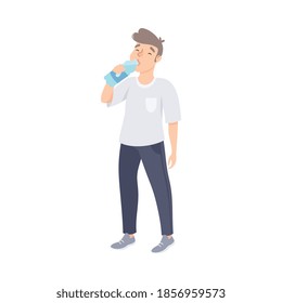 Guy Drinking Clean Water from Plastic Bottle, Man Quenching Thirst at Hot Summer Weather, Healthy Lifestyle Concept Cartoon Style Vector Illustration