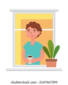 guy drinking coffee in the window cartoon