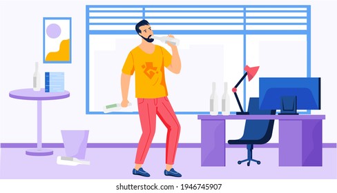 Guy drinks alcohol alone during work in office. Addicted male character with vodka at his workplace