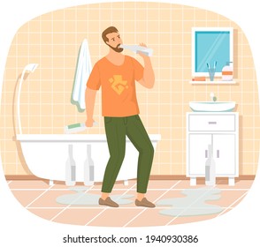 Guy drinks alone in bathroom. Addicted male character with alcohol beverage at home before shower