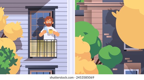 Guy drinks coffee on the balcony. Good morning concept. Flat vector illustration