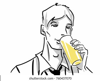 A guy drinks orange juice from a glass.  Black and white vector sketch. Simple drawing.