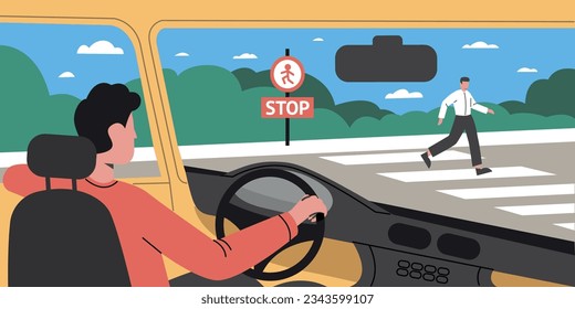 Guy drives car. Cartoon driver in car passes pedestrian. Man crosses road. Compliance with auto traffic rules. Vehicle stops at crosswalk. Transportation by automobile