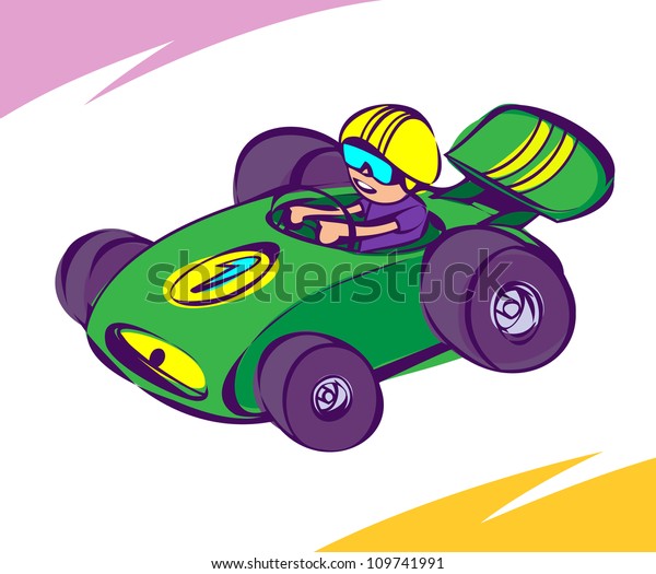 Guy driving a\
green race car / Green Race\
Car
