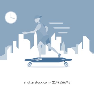 El tipo está conduciendo en la patineta 