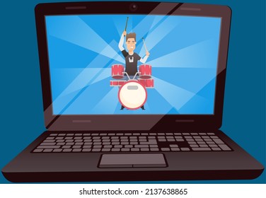 Guy drummer at drum. Brutal man playing with sticks on drums and cymbals flat style design. Talented happy musician, musical show. Musical art concept, rock music equipment video clip on laptop screen