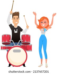 Guy drummer at drum. Brutal man playing with sticks on drums and cymbals flat style design. Talented happy musician, musical show. Musical art concept, member of rock group, music equipment on stage