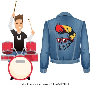 Guy drummer at drum. Brutal man playing with sticks on drums and cymbals flat style design. Talented happy musician. Musical art concept, rock music equipment and stylish rocker denim jacket