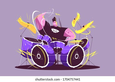 Guy drummer at drum set vector illustration. Brutal man playing with sticks on drums and cymbals flat style design. Talented musician. Musical art concept