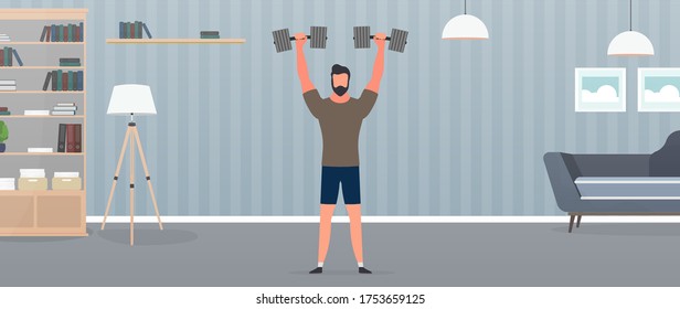 Guy with dumbbells at home. A man lifts dumbbells. Doing sports at home. The concept of sport and healthy lifestyle. Vector.