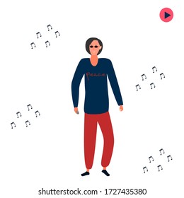 
The guy with the earphone holds a modern music player flat vector illustration. Cartoon man with multimedia symbol isolated on musical background. Icon design for modern music, video and leisure