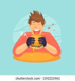 Guy eat burger fastfood. Hungry man. Flat design vector illustration