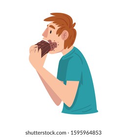 Guy Eating Chocolate with Face Dirty with Melt Chocolate, Sweet Tooth Man Greedily Devouring Sweets Cartoon Vector Illustration