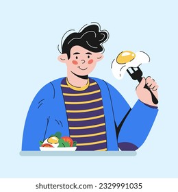 guy eating fried eggs breakfast character cartoon style