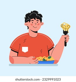 guy eating pasta character in cartoon style
