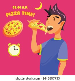 Guy eating pizza at 3 AM illustration concept, cuitable for sticker, illustration, asset