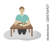 Guy eating salad. Young man sitting. Vegetarian. Healthy food. On the table. Lifestyle. Colorful illustration. White background. Vector texture. 