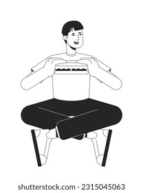 Guy eating sandwich in legs crossed posture flat line black white vector character. Editable outline full body person. Meal break simple cartoon isolated spot illustration for web graphic design