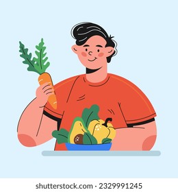 guy eating vegetables character in cartoon style