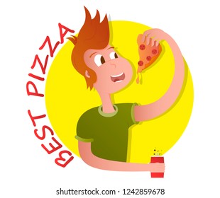 guy eats pizza with sausage, vector image, cartoon character