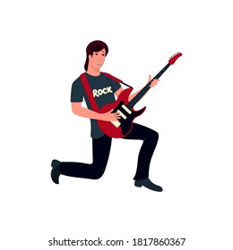 The guy with the electric guitar. Sits on one knee and plays rock. Flat-style illustration.