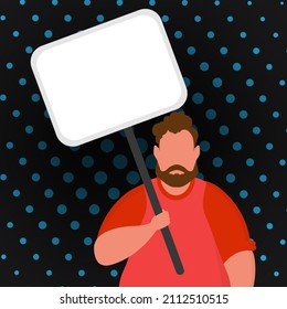 A guy with an empty banner in his hands and a place for your text. Pop art. Flat style. Vector illustration