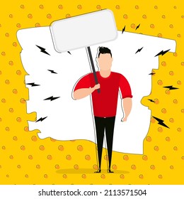 A guy with an empty banner in his hands and a place for your text. Pop art cartoon style. Vector illustration