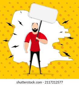 A guy with an empty banner and space for your text. Pop art cartoon style. Vector illustration
