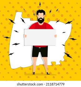 A guy with an empty banner and space for your text. Pop art. Flat style. Vector illustration.