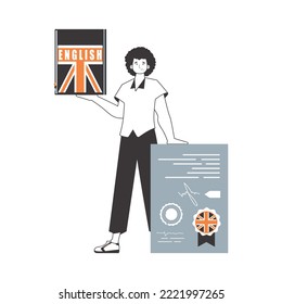 Guy English teacher. The concept of learning English. Linear style. Isolated, vector illustration.